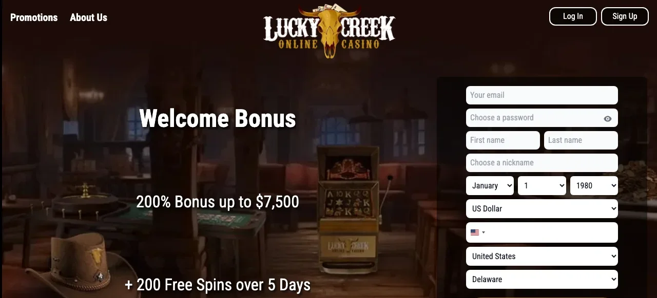 Lucky Creek casino homepage